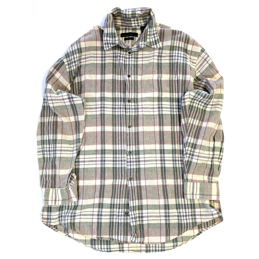 Metropolitan View Mens Large Linen Cotton Plaid Button Down Shirt Green Tan L